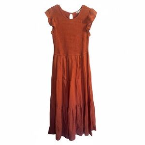 By The River Rust Puff‑Sleeve Textured Dress · Women’s Large · Boho Cottagecore